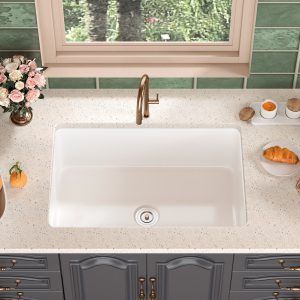 DeerValley DV-1K509 Fireclay Kitchen Sink Dual Mount Deep Bowl with Grid and Strainer