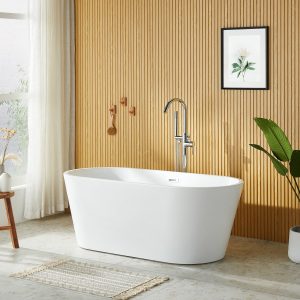 DeerValley DV-1T131S 59"Acrylic Freestanding Bathtub, Deep Soaking Tub with Center Drain & Integrated Overflow, Modern White Standalone Shower Tub Ergonomic Design